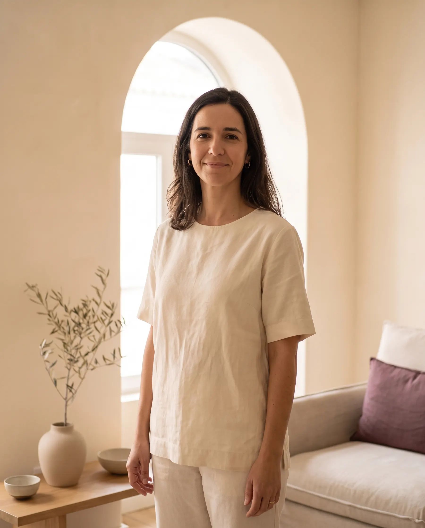 Retrato da especialista, de uniforme de linho creme, no estúdio, a olhar para a câmara com expressão calma.