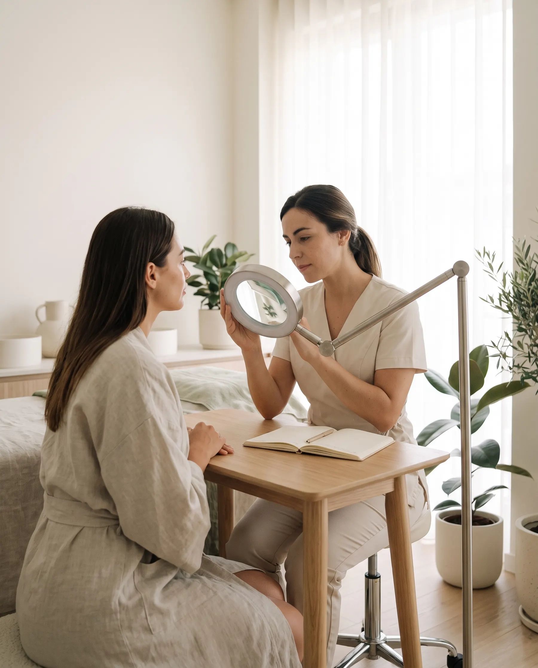 Esteticista a examinar a pele de uma cliente com lupa iluminada, num gabinete claro.