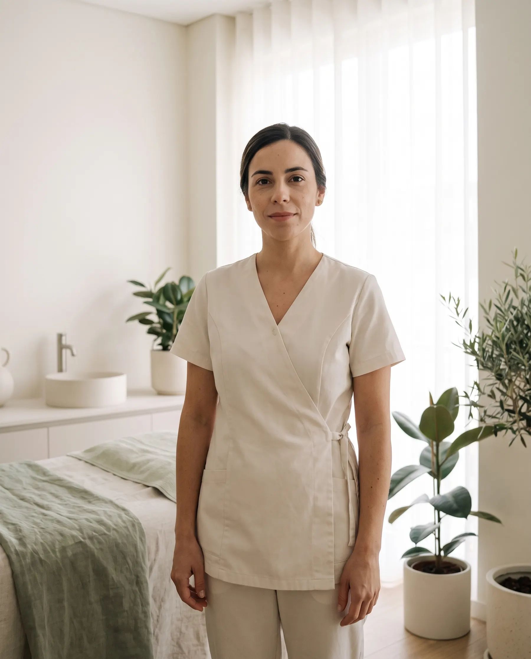Retrato da esteticista, de uniforme claro, no gabinete, a olhar para a câmara com expressão calma.