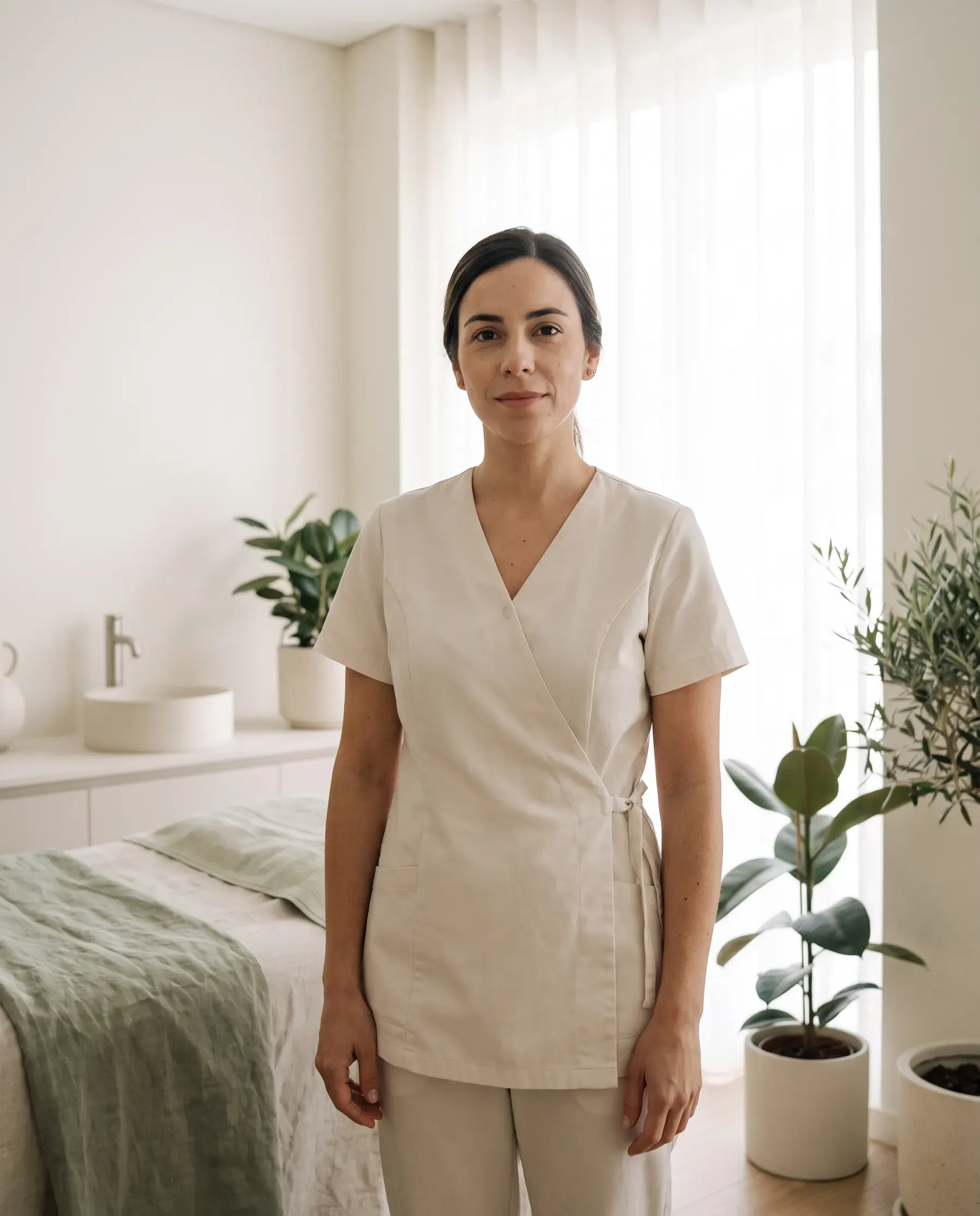 Retrato da esteticista, de uniforme claro, no gabinete, a olhar para a câmara com expressão calma.