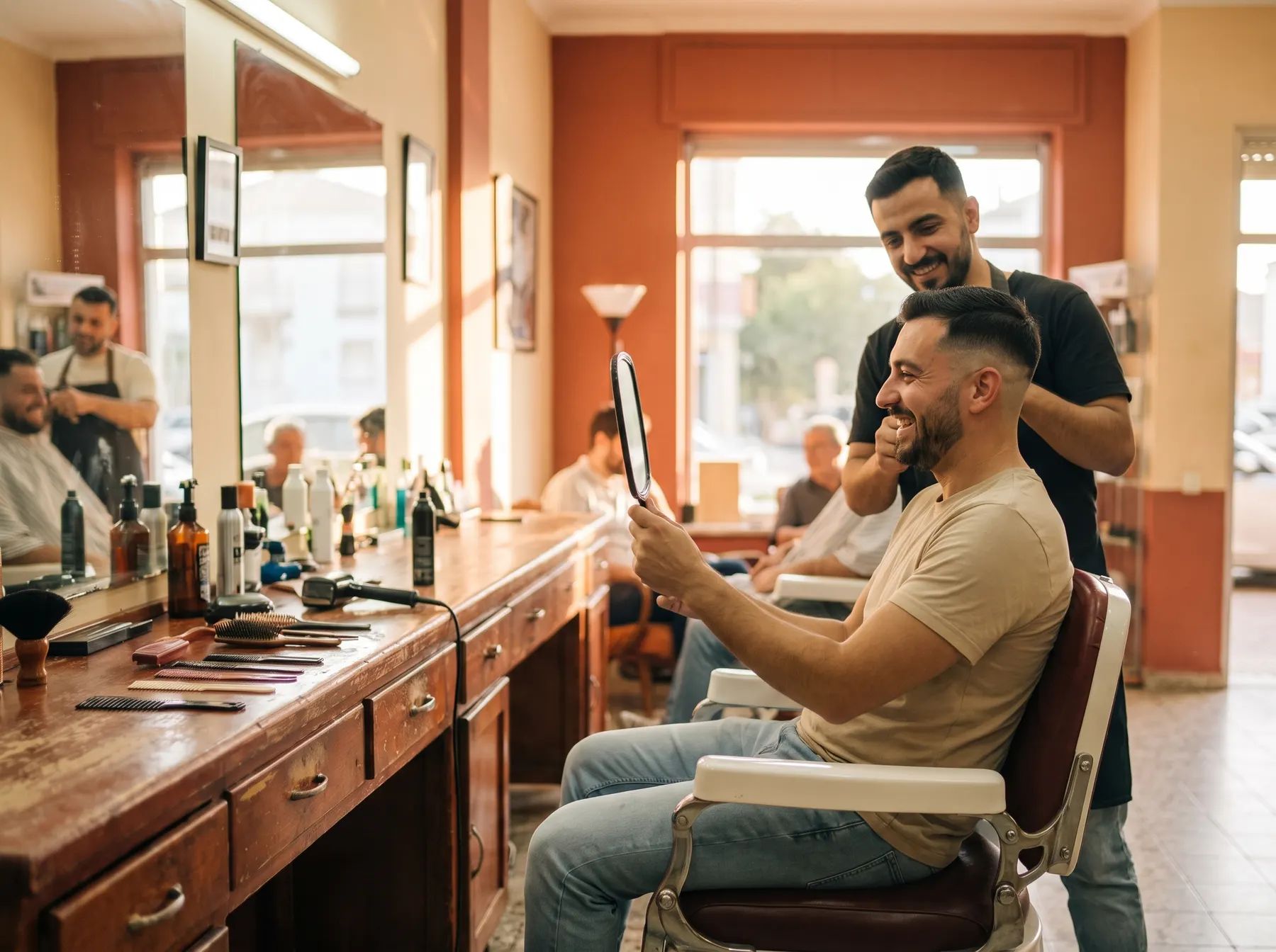 Cliente a ver o corte acabado ao espelho, a sorrir, com o barbeiro atrás a segurar o espelho de mão.