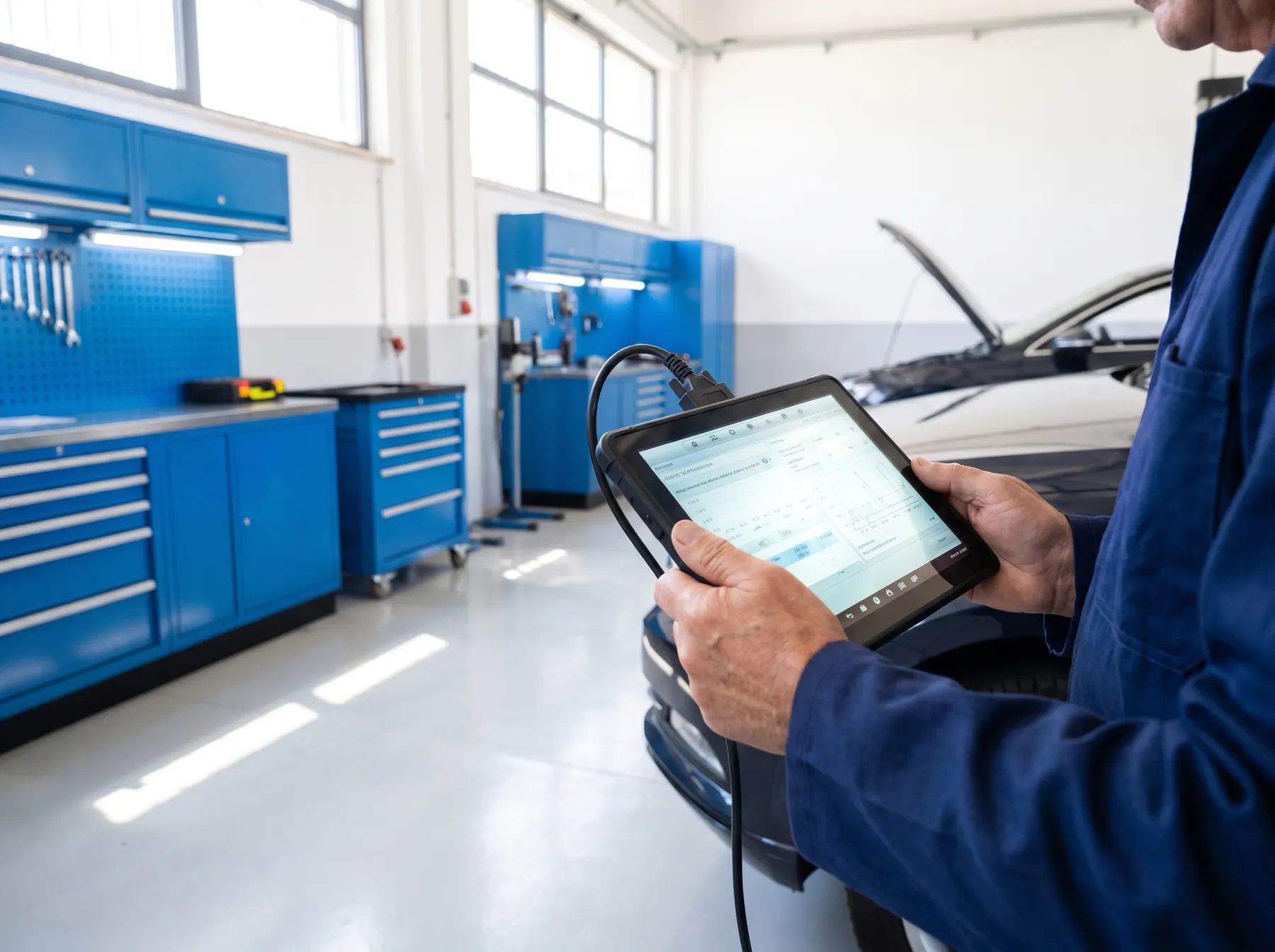 Mãos de mecânico a segurar um tablet de diagnóstico ligado por cabo à tomada OBD do carro, com dados no ecrã.