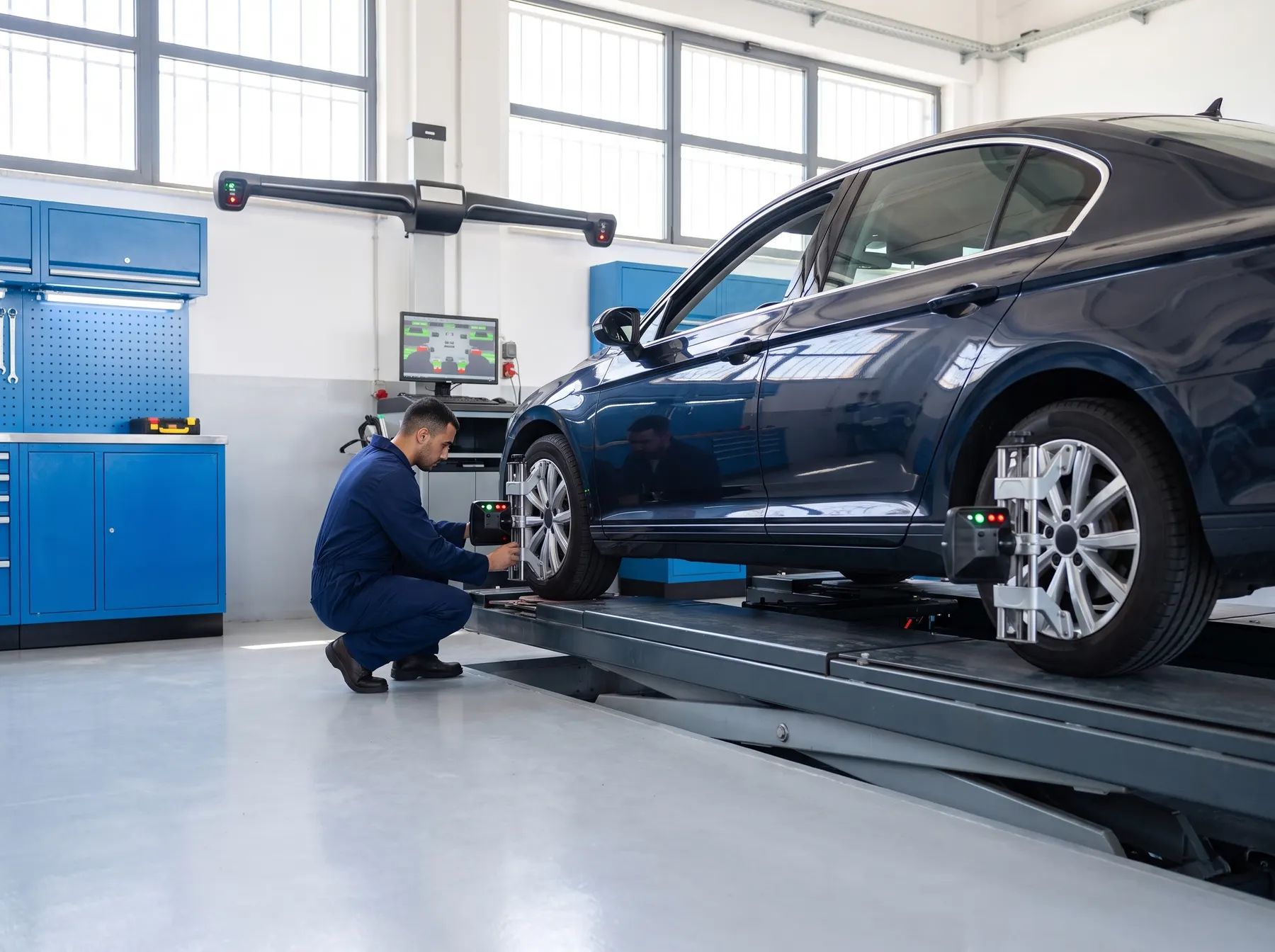 Carro na bancada de alinhamento com sensores eletrónicos montados nas rodas e mecânico a verificar os valores.