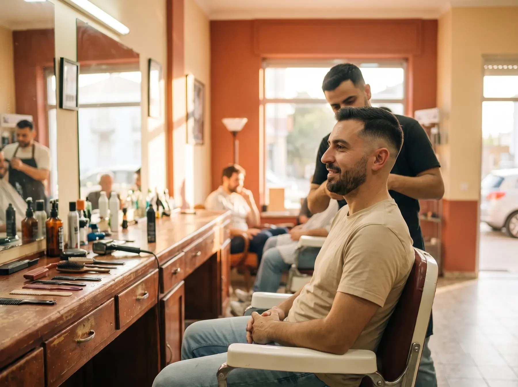 Homem na cadeira com um degradê curto acabado de fazer e barba aparada.
