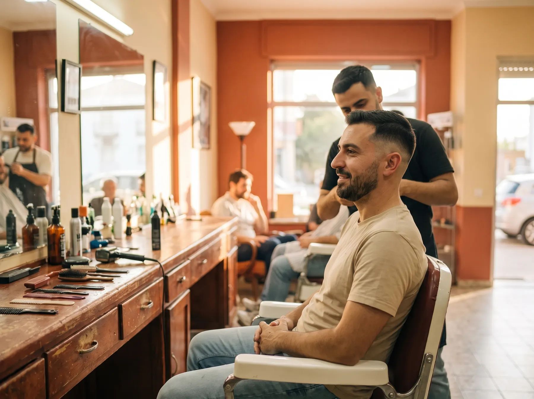 Homem na cadeira com um degradê curto acabado de fazer e barba aparada.