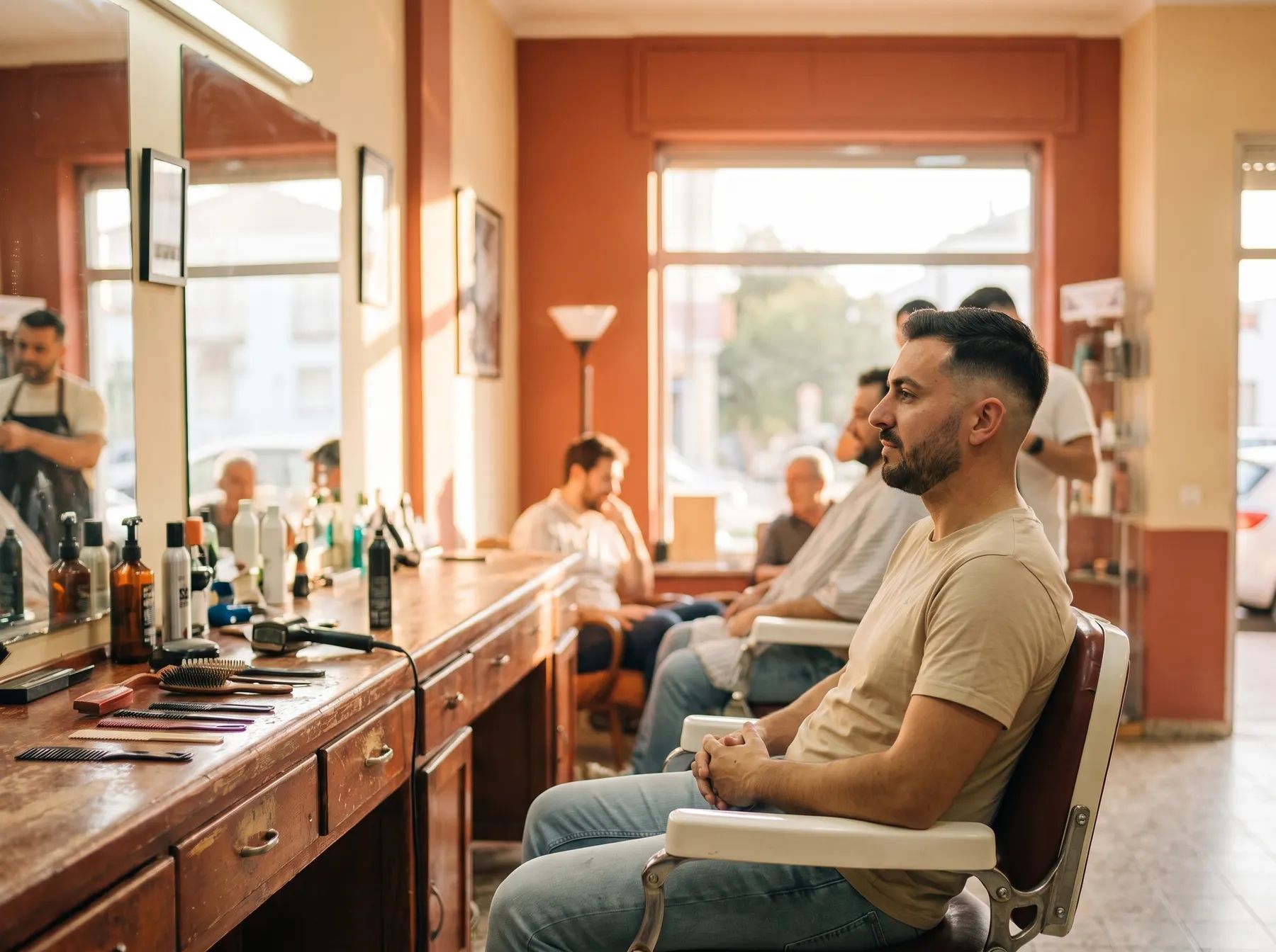 Perfil de homem com corte texturizado e barba desenhada.