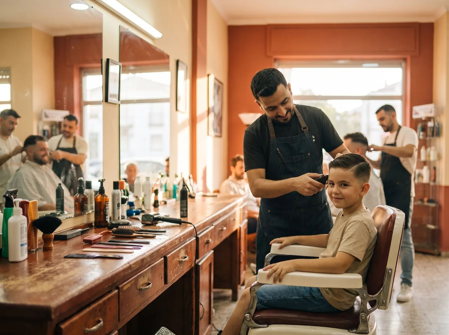 Menino de oito anos na cadeira, com corte novo, a sorrir.